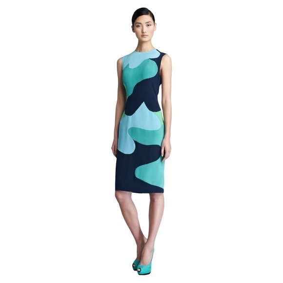 Lela Rose Colorblock-Camouflage Sheath Dress 100% Silk Career Dress Size 8 - Picture 1 of 7